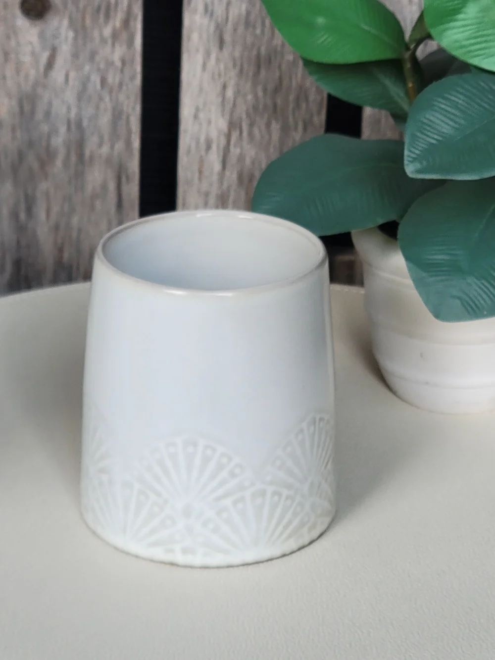 Hearth & Hand Cream White Ceramic Patterned Mug Etched Fan Motif - Picture 8 of 8